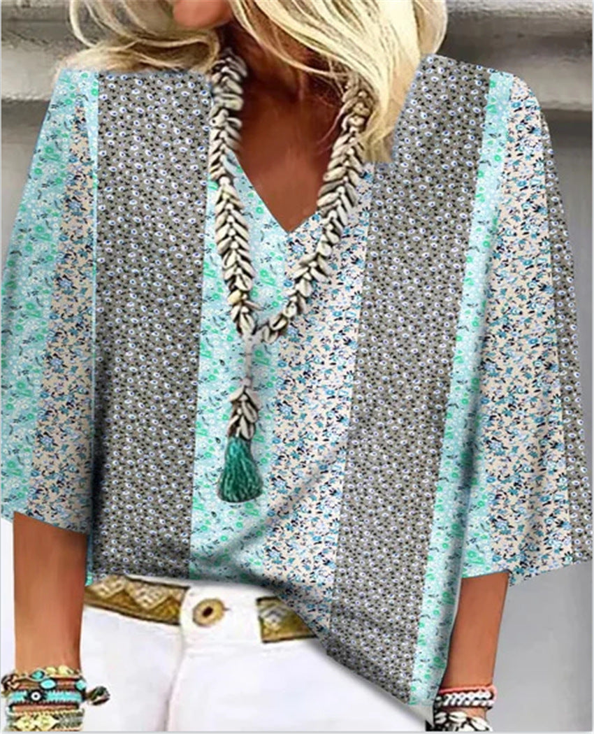Calista | Women's Patchwork Floral V-Neck 3/4 Sleeve Blouse - Image 2