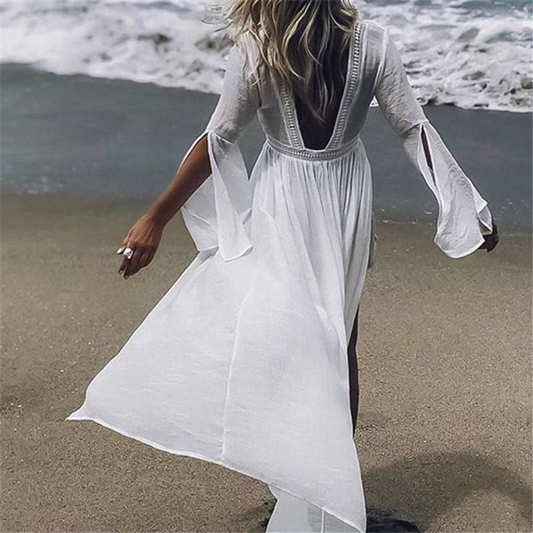 Calliope | Women's Open Back Flared Sleeve Maxi Dress - White - Image 1