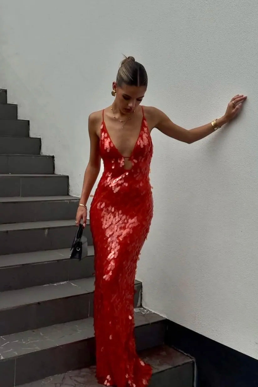Calliope | Women's V-Neck Backless Maxi Dress - Red - Image 1