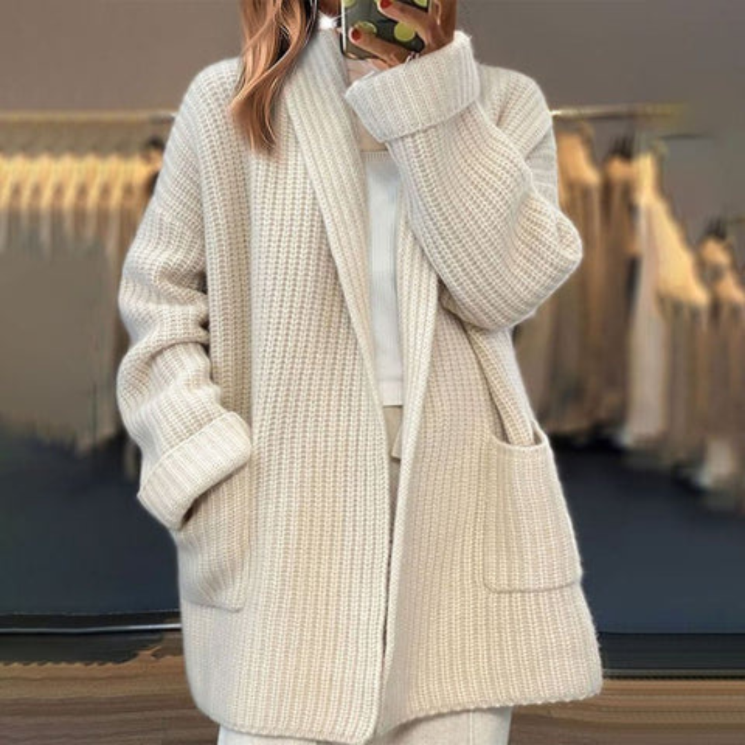 Calvara | Women's Open Front Chunky Knit Cardigan - Cream - Image 1