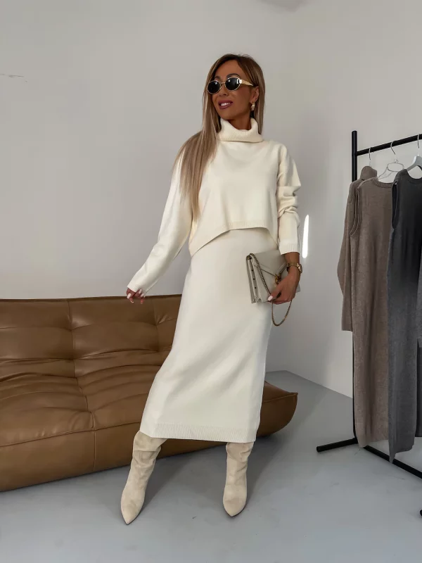Calvara | Women's Turtleneck Ribbed Jumper Two-Piece Set - Cream - Image 1