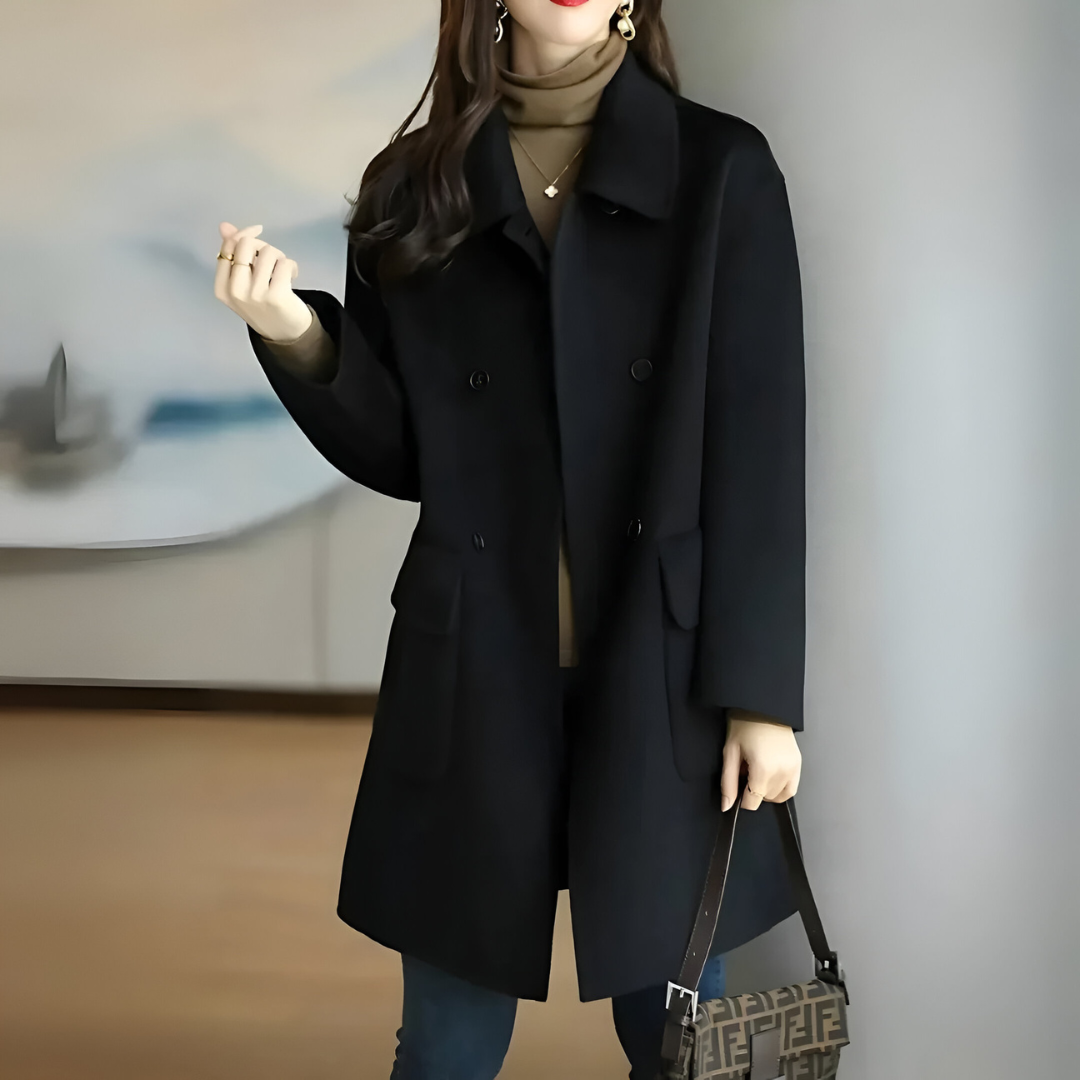 Calveth | Women's Double-Breasted Long Winter Coat - Black - Image 1