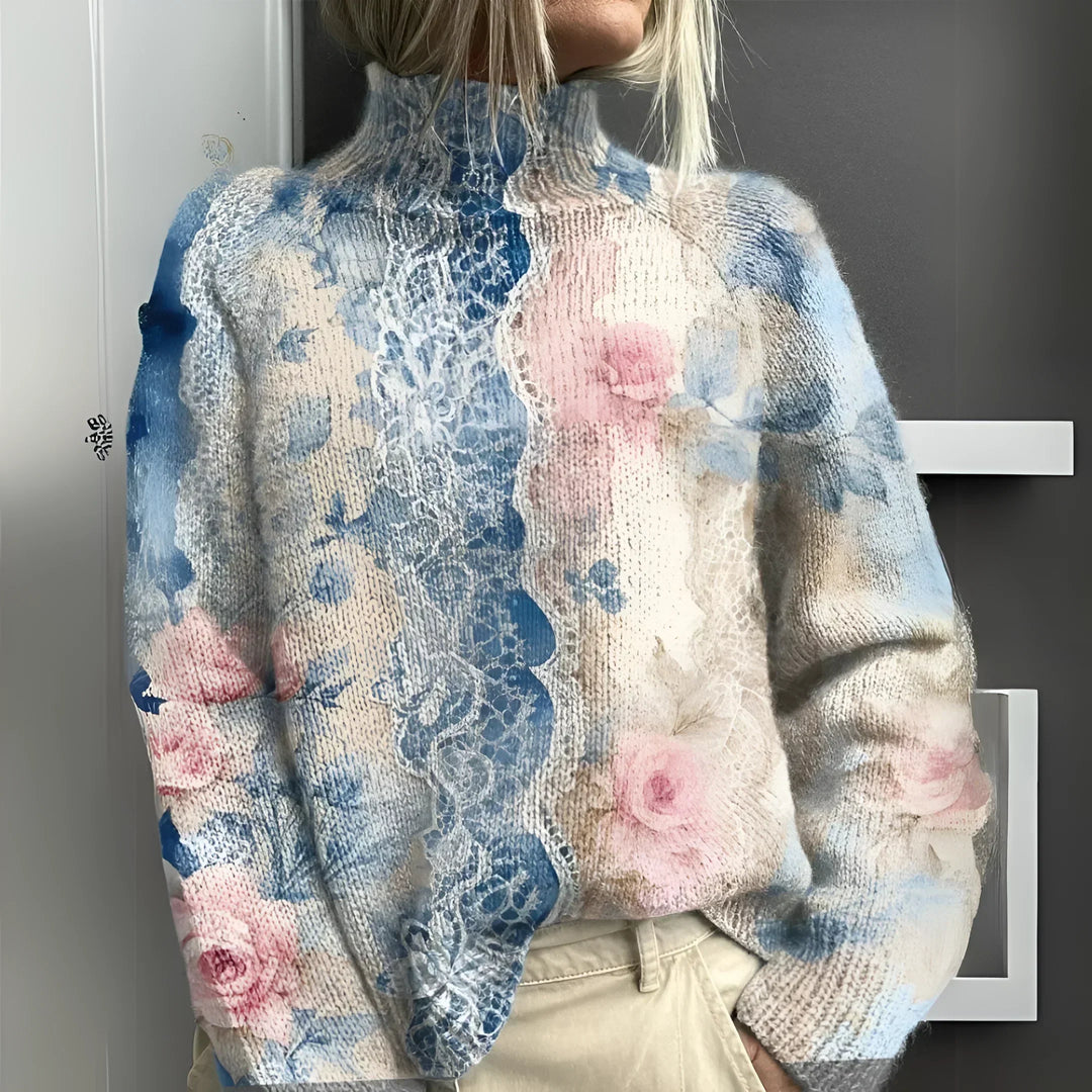 Calveth | Women's Floral Print Turtleneck Ribbed Jumper - Image 1