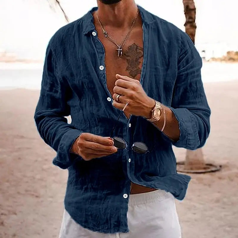 Calvino | Men's Casual Long Sleeve Button-Down Shirt - Navy - Image 1