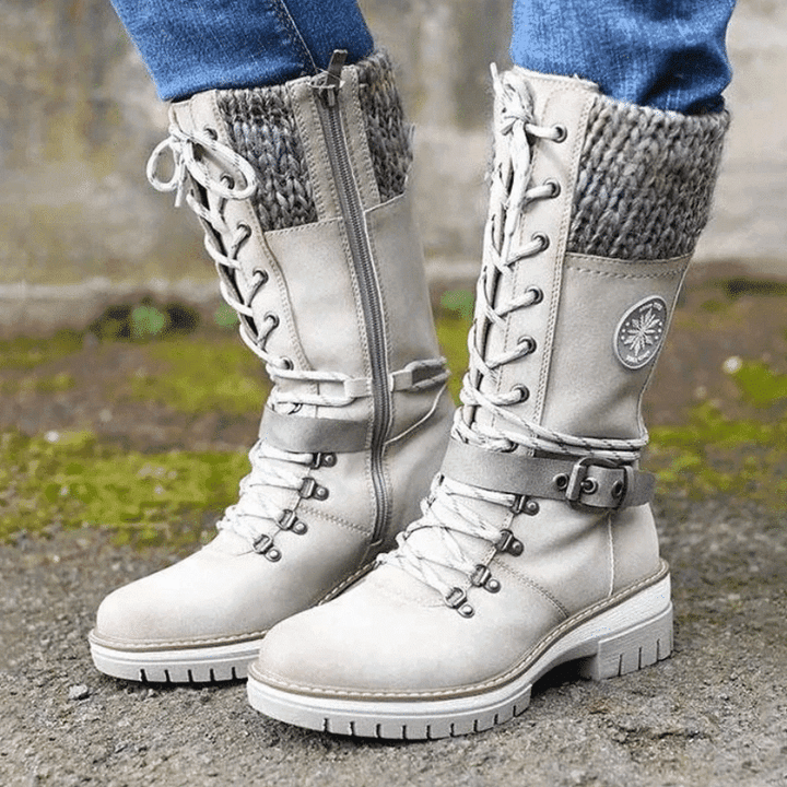 Calvora | Women's Lace-Up Mid-Calf Winter Boots - Light Grey - Image 1