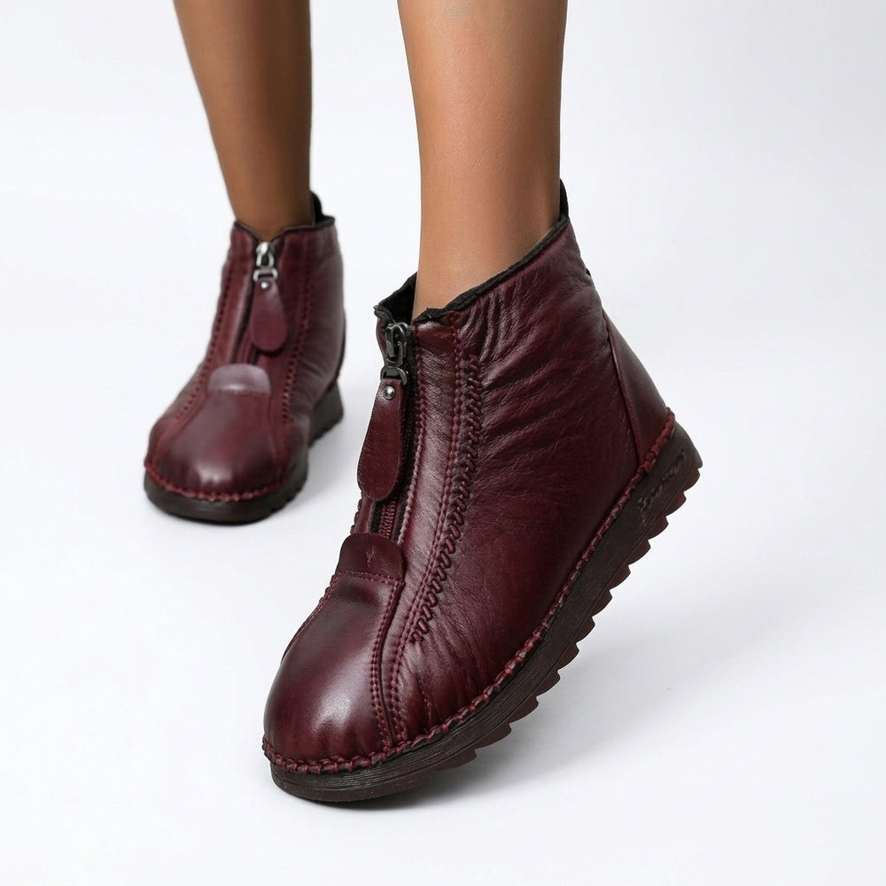 Calvora | Women's Leather Ankle Boots Front Zip - Burgundy - Image 2
