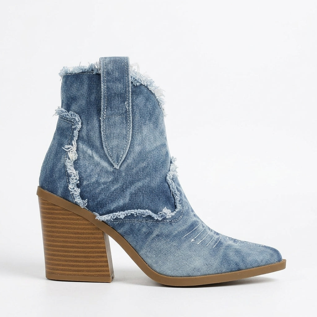 Calvorna | Women's Denim Ankle Boots Block Heel - Blue - Image 1