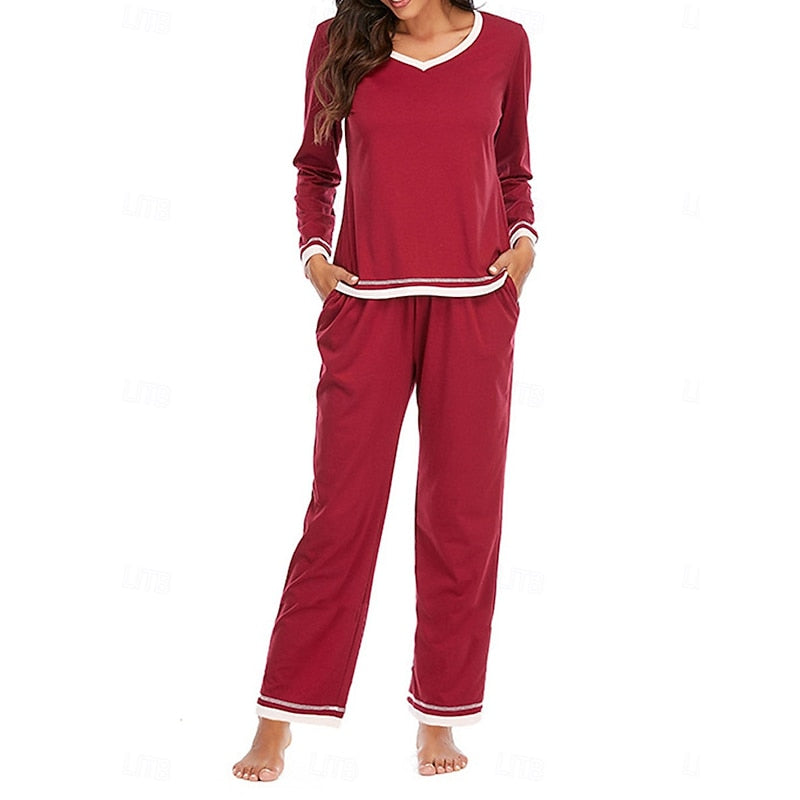Calvorna | Women's Knit Lounge Set Long Sleeve V-Neck - Burgundy - Image 1
