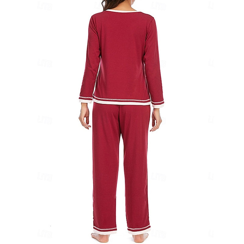 Calvorna | Women's Knit Lounge Set Long Sleeve V-Neck - Burgundy - Image 2