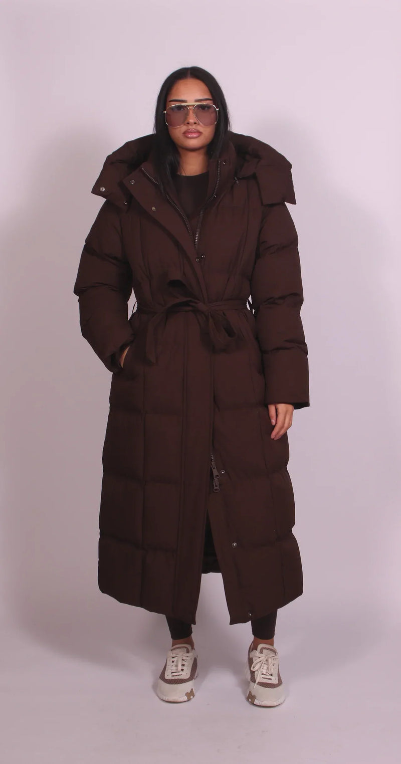 Calvorna | Women's Long Hooded Puffer Coat - Dark Brown - Image 1