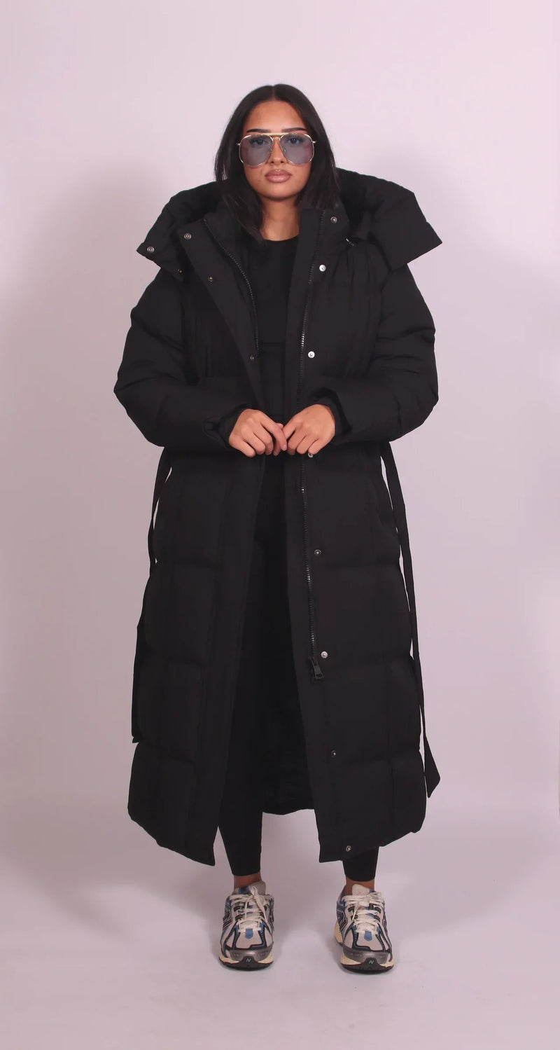 Calvorna | Women's Long Hooded Puffer Coat - Dark Brown - Image 2