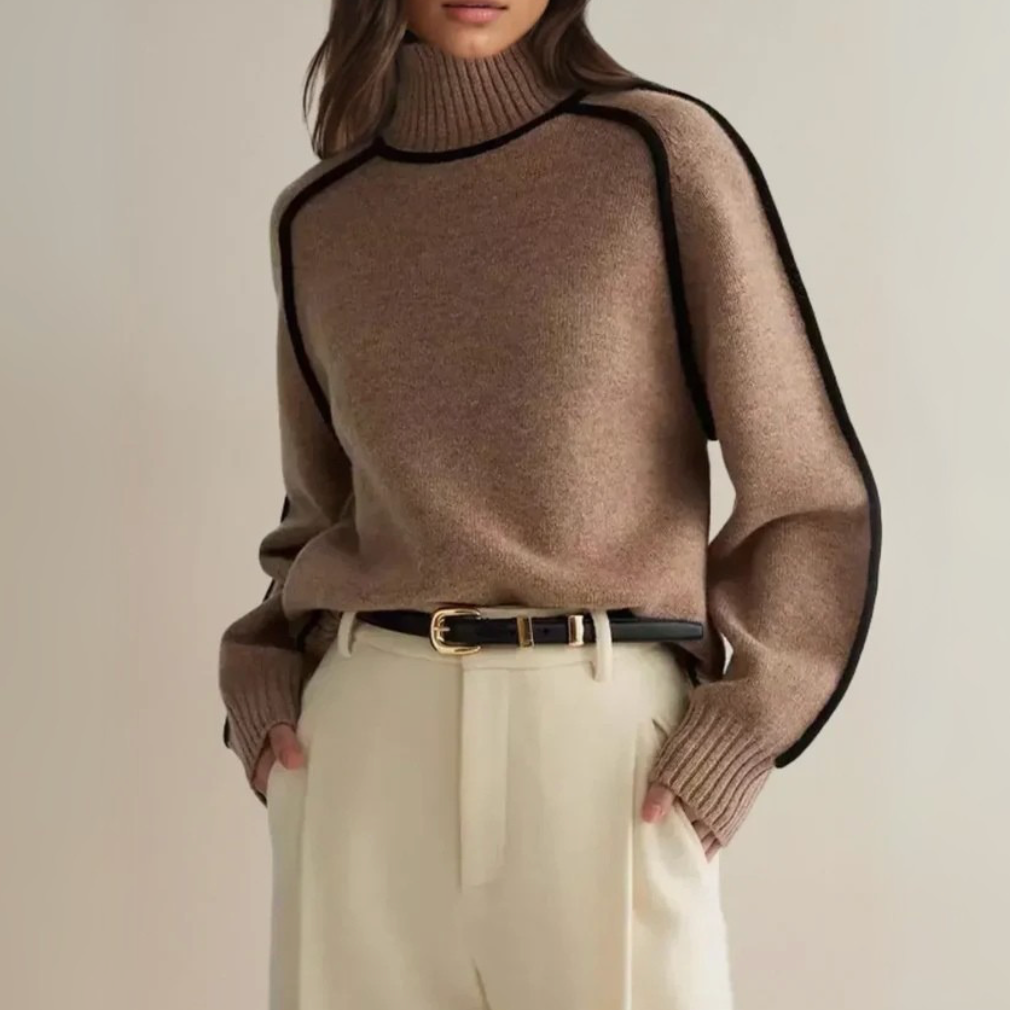 Calvyne | Women's Turtleneck Ribbed Jumper with Contrast Piping - Taupe - Image 1