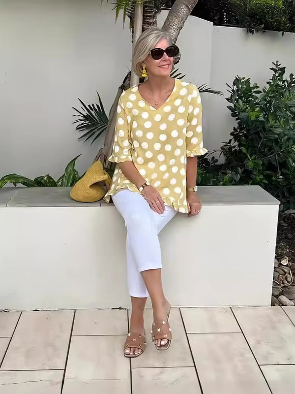 Calypso | Women's Polka Dot V-Neck Blouse - Image 2