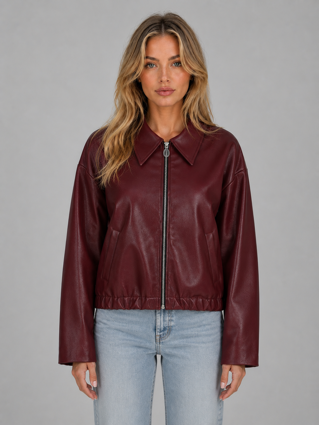 Carvenna | Women's Faux Leather Bomber Jacket - Burgundy - Image 1