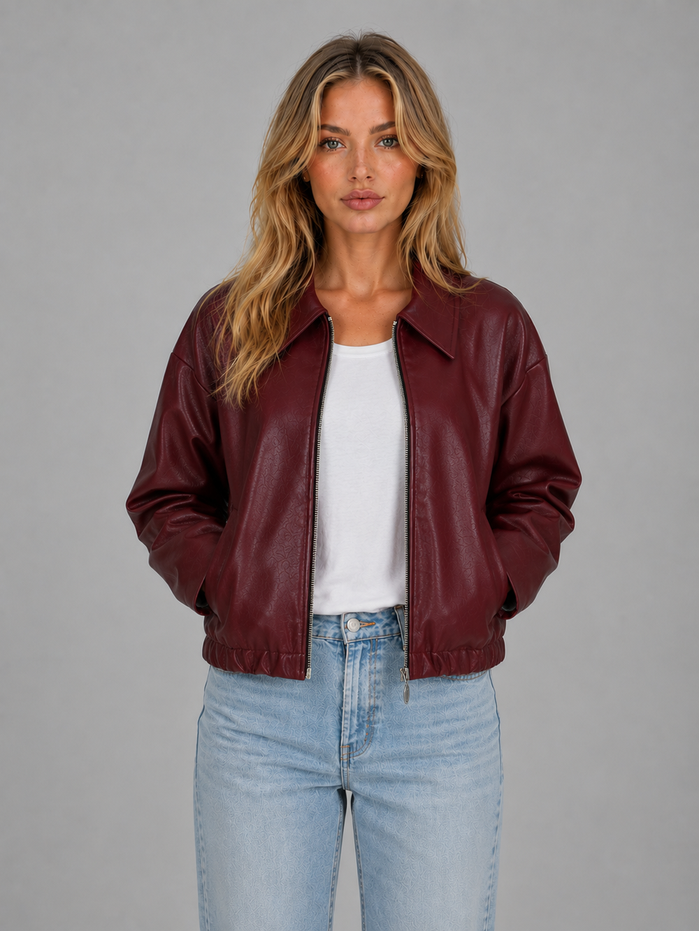 Carvenna | Women's Faux Leather Bomber Jacket - Burgundy - Image 2