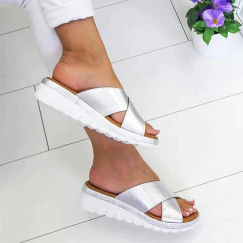 Cassia | Women's Crossover Slip-On Platform Slide Sandal - Silver - Image 1
