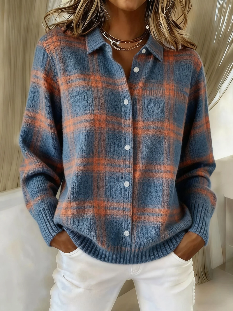 Cassia | Women's Plaid Button-Up Cardigan - Blue - Image 1