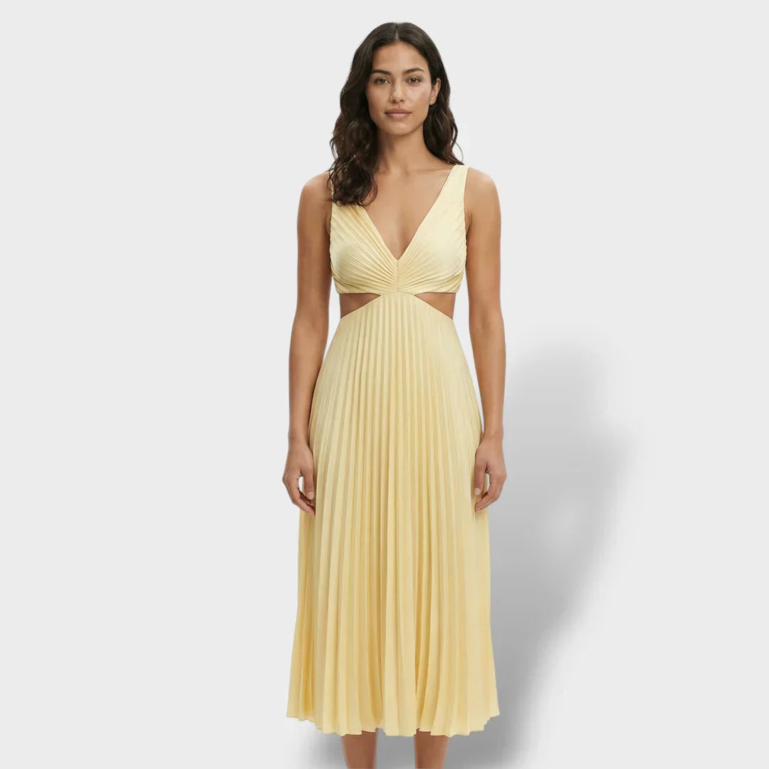 Cassia | Women's V-Neck Pleated Cutout Midi Dress - Image 1