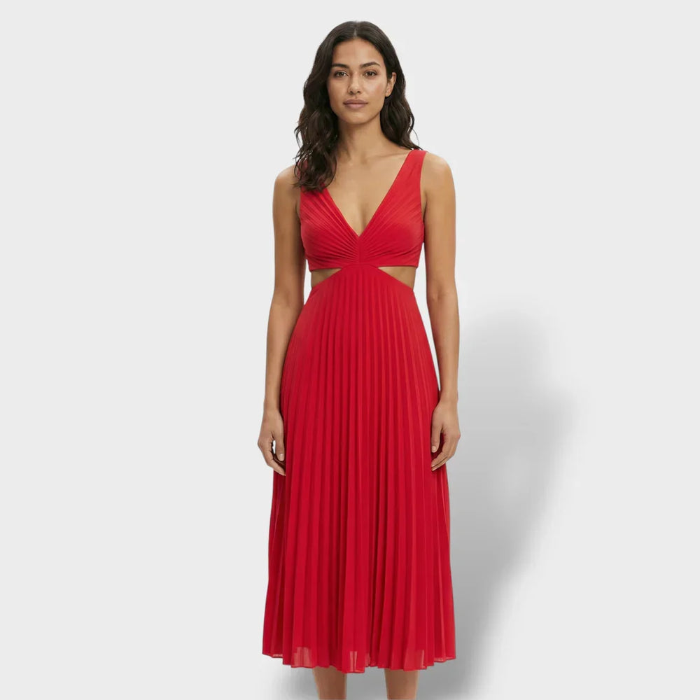 Cassia | Women's V-Neck Pleated Cutout Midi Dress - Image 2
