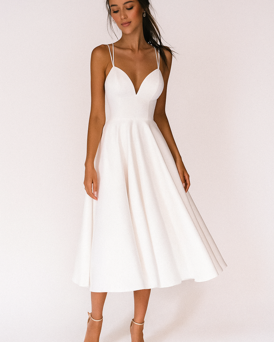 Cecily | Women's Sweetheart Neckline A-Line Midi Dress - White - Image 1