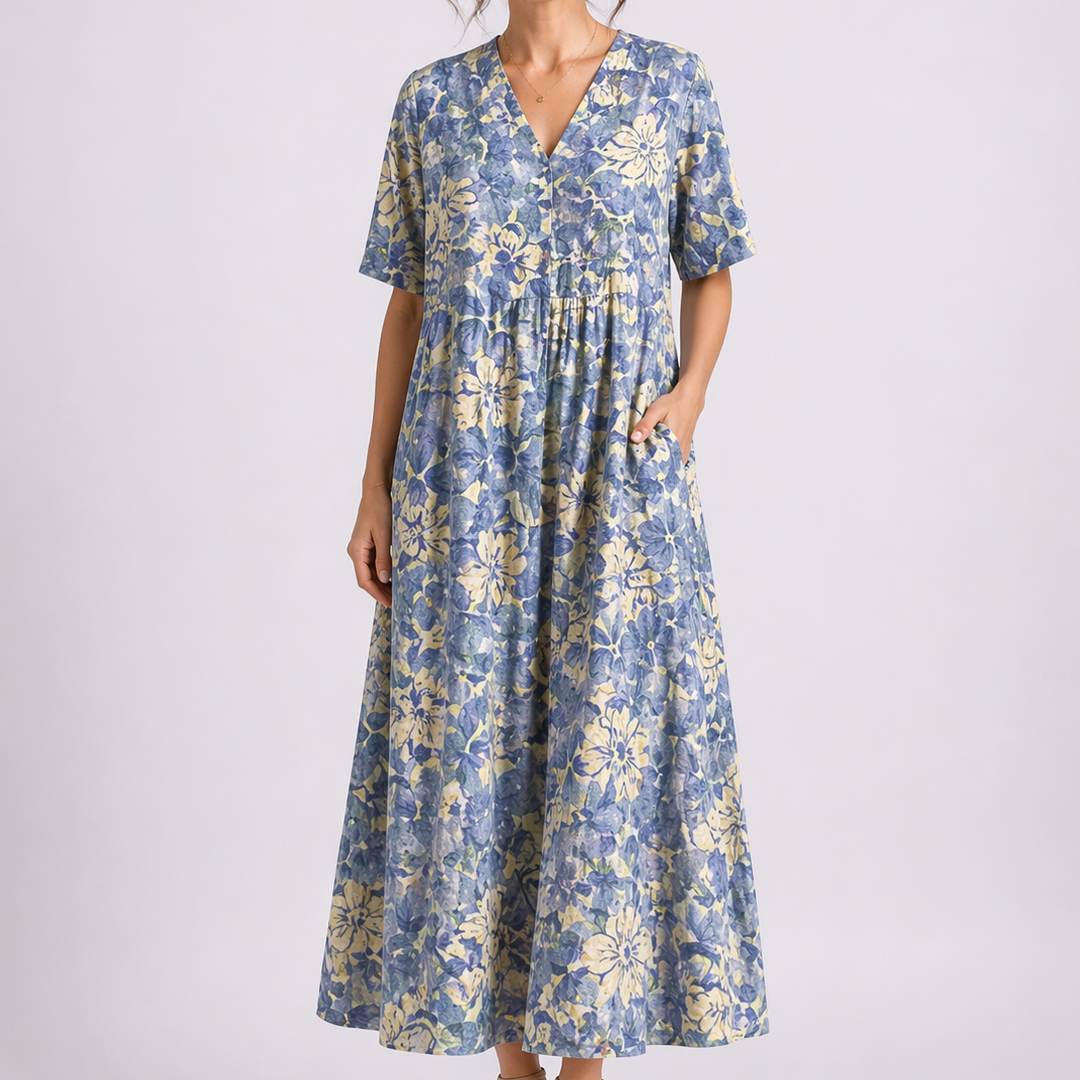 Cecily | Women's V-Neck Short Sleeve Floral Midi Dress - Floral - Image 1
