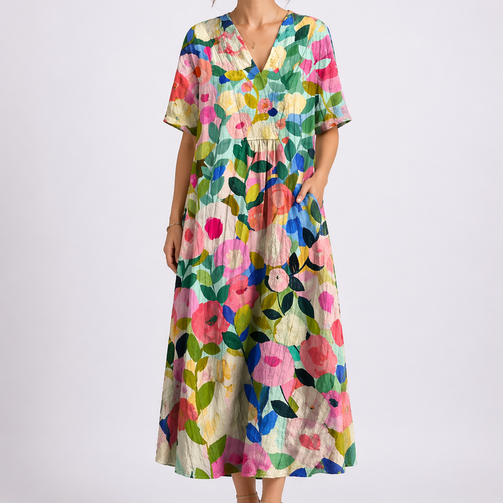 Cecily | Women's V-Neck Short Sleeve Floral Midi Dress - Floral - Image 2