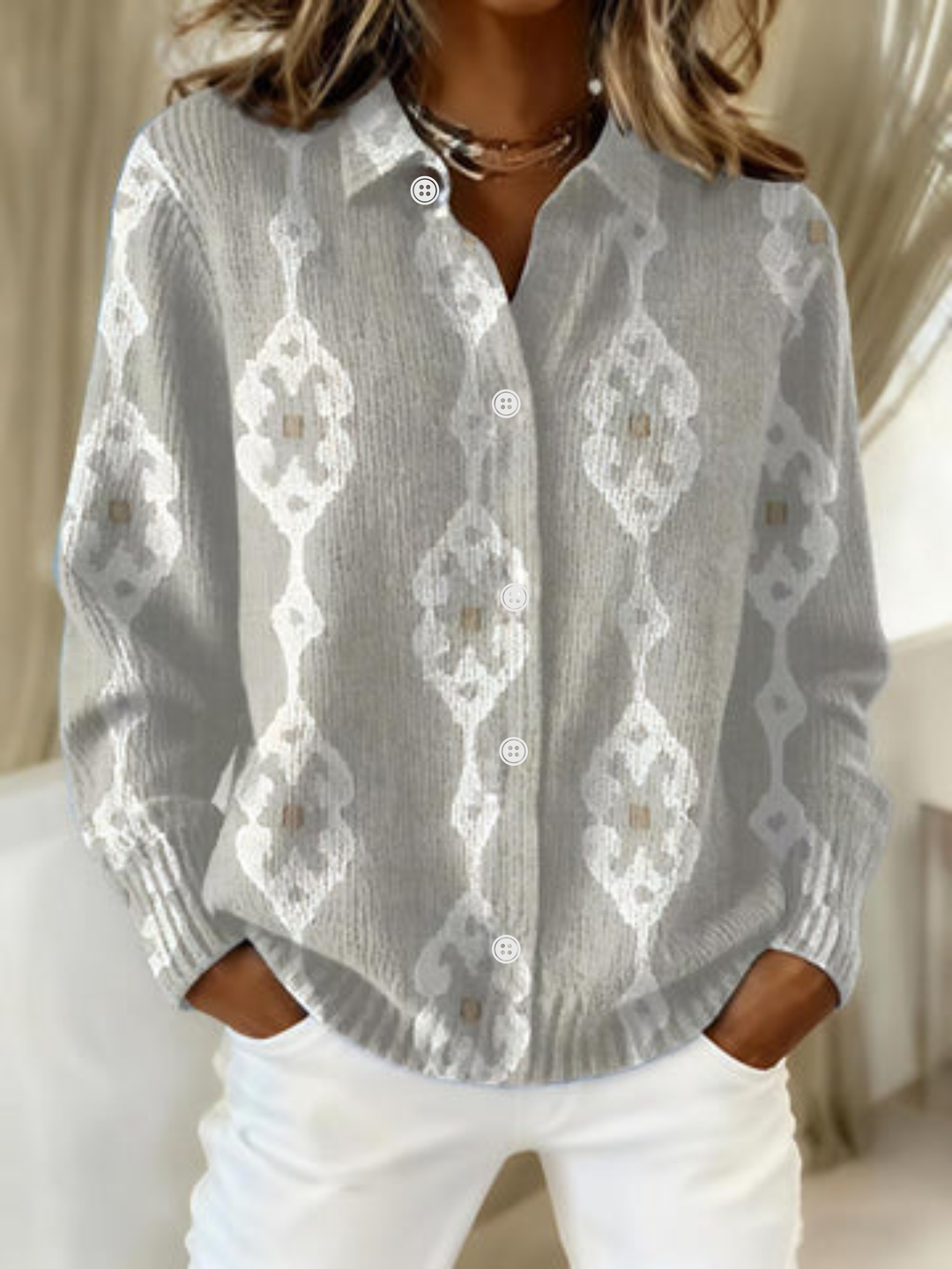 Cedrica | Women's Geometric Print Cardigan - Light Grey - Image 1