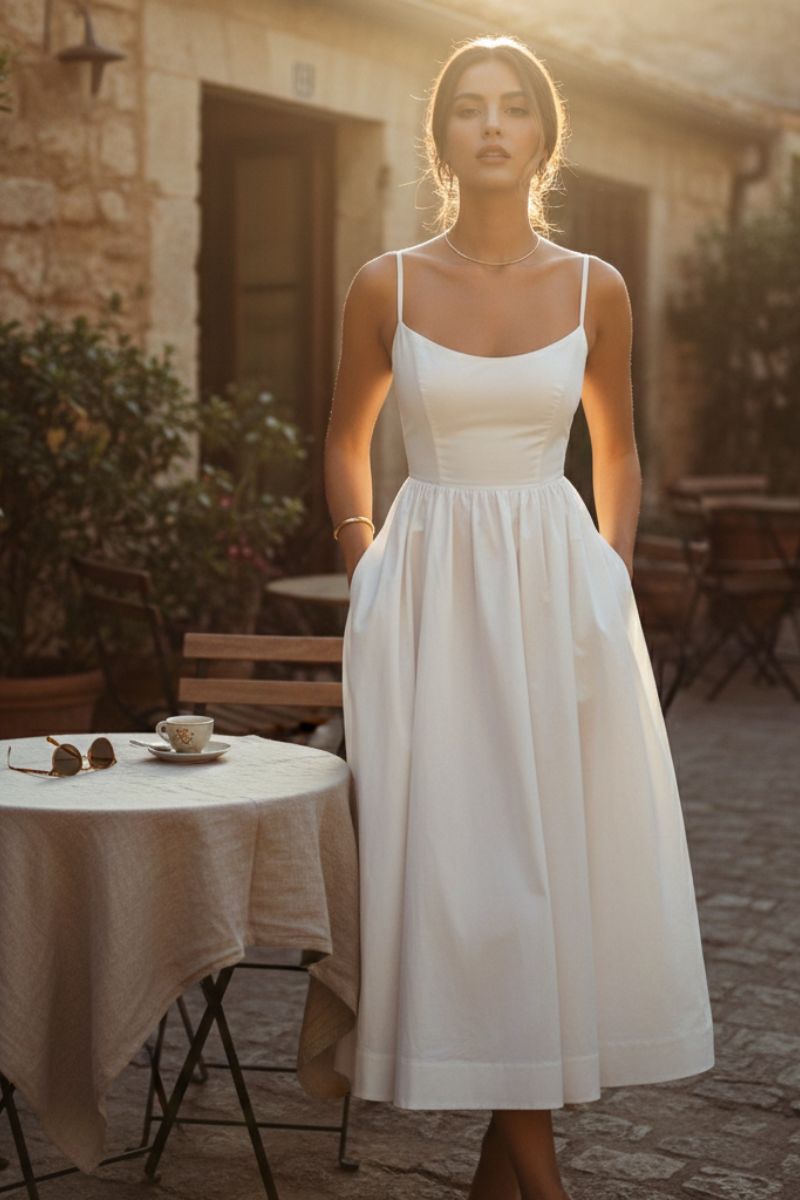 Celeste | Women's Scoop Neck Spaghetti Strap Midi Dress - White - Image 1