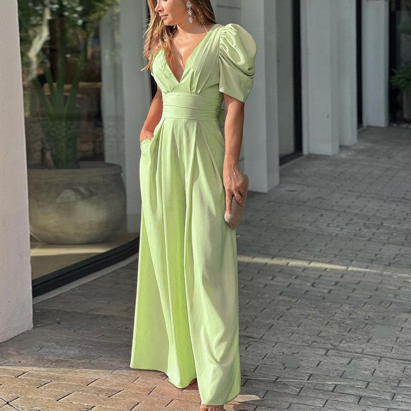 Celeste | Women's V-Neck Puff Sleeve Wide Leg Jumpsuit - Light Green - Image 1