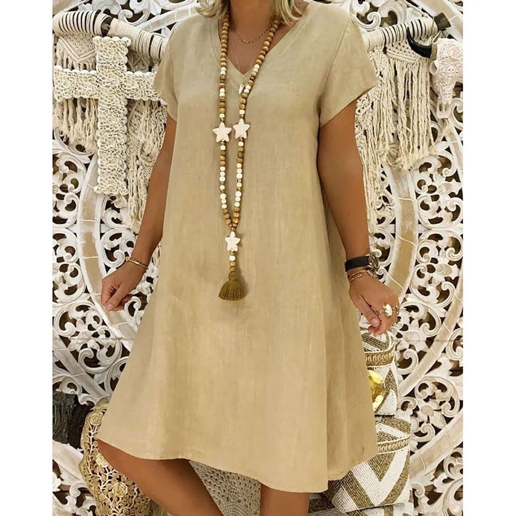 Celina | Women's V-Neck Short Sleeve Mini Dress - Beige - Image 1