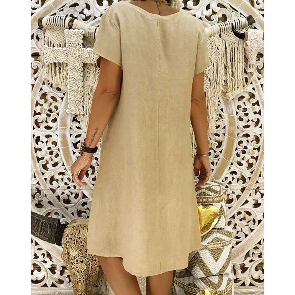 Celina | Women's V-Neck Short Sleeve Mini Dress - Beige - Image 2