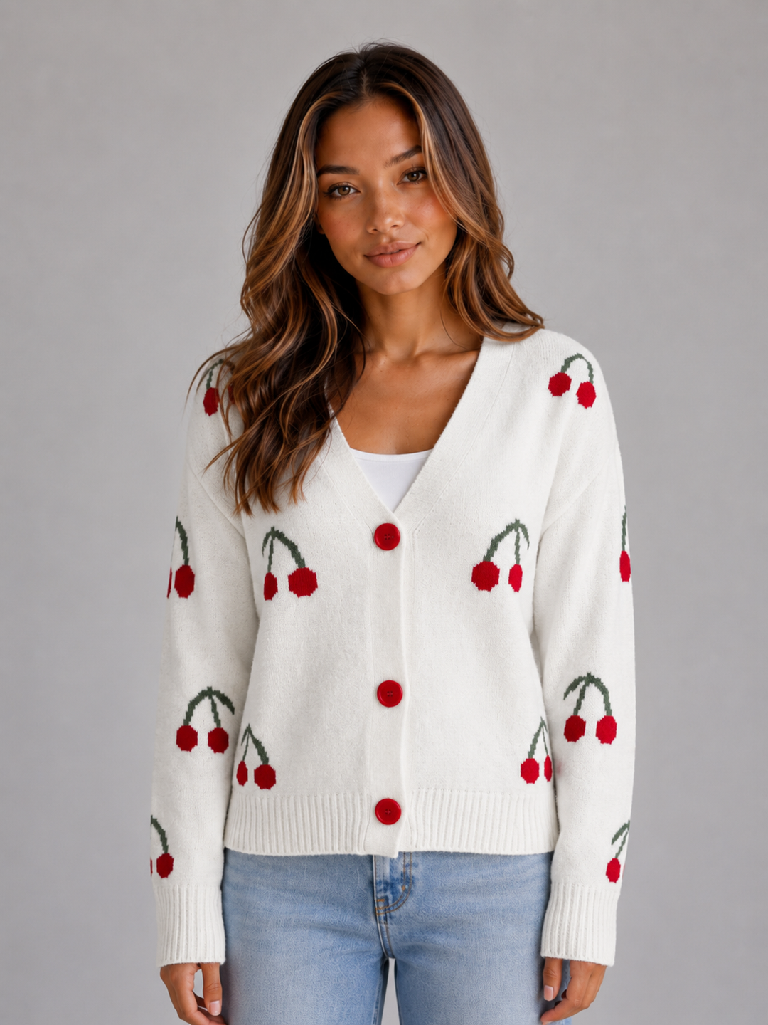 Ceridwen | Women's Cherry Print Cardigan V-Neck - Cream - Image 1