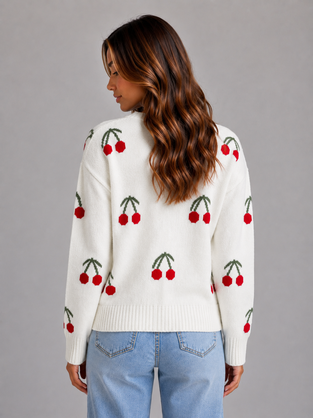 Ceridwen | Women's Cherry Print Cardigan V-Neck - Cream - Image 2