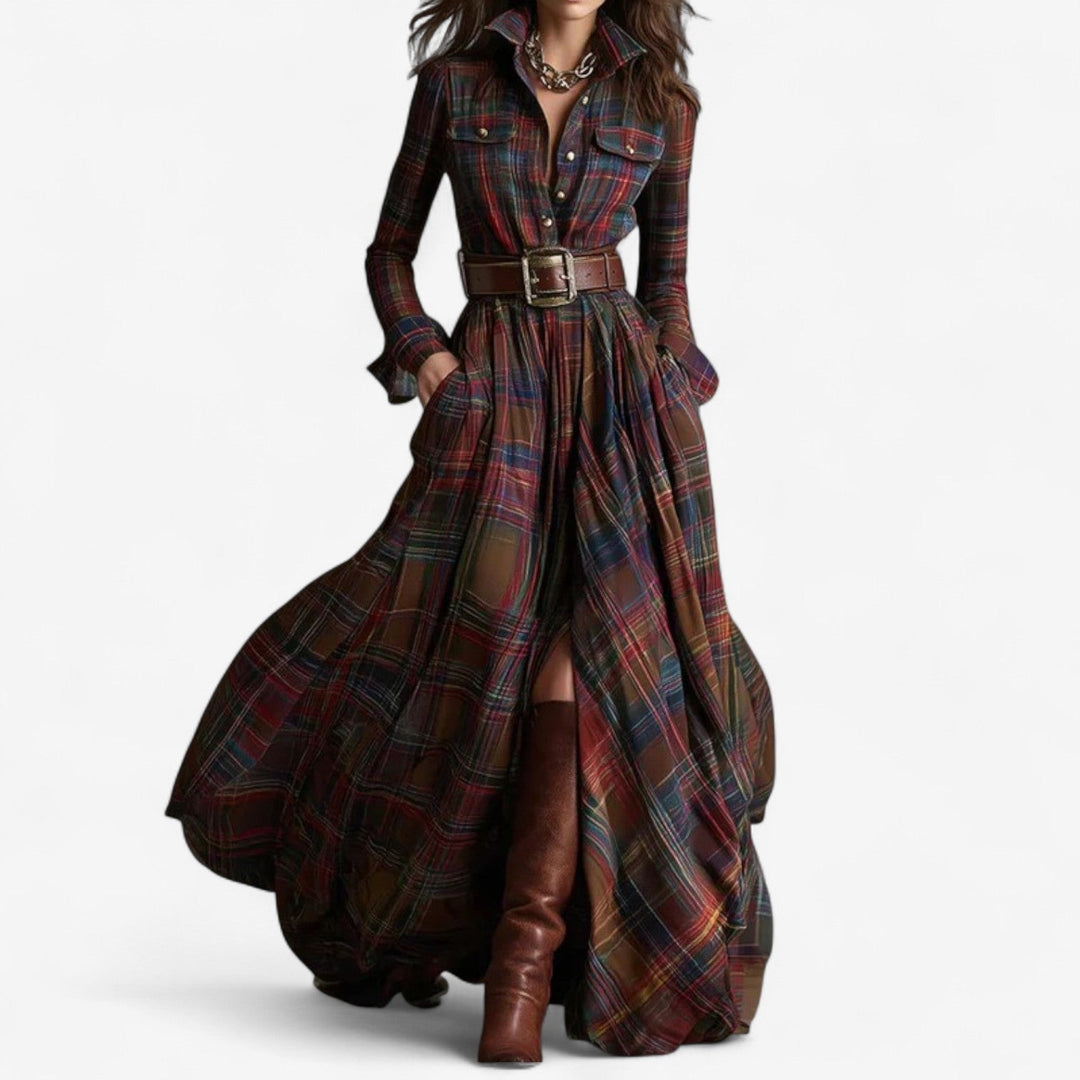 Clarisse | Women's Button Front Plaid Maxi Dress - Image 1