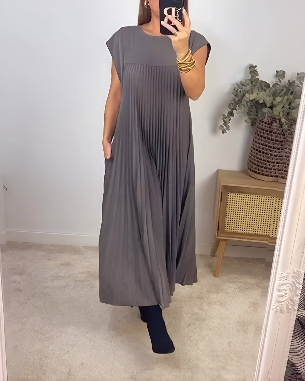 Claudette | Women's Pleated Round Neck Maxi Dress - Image 2