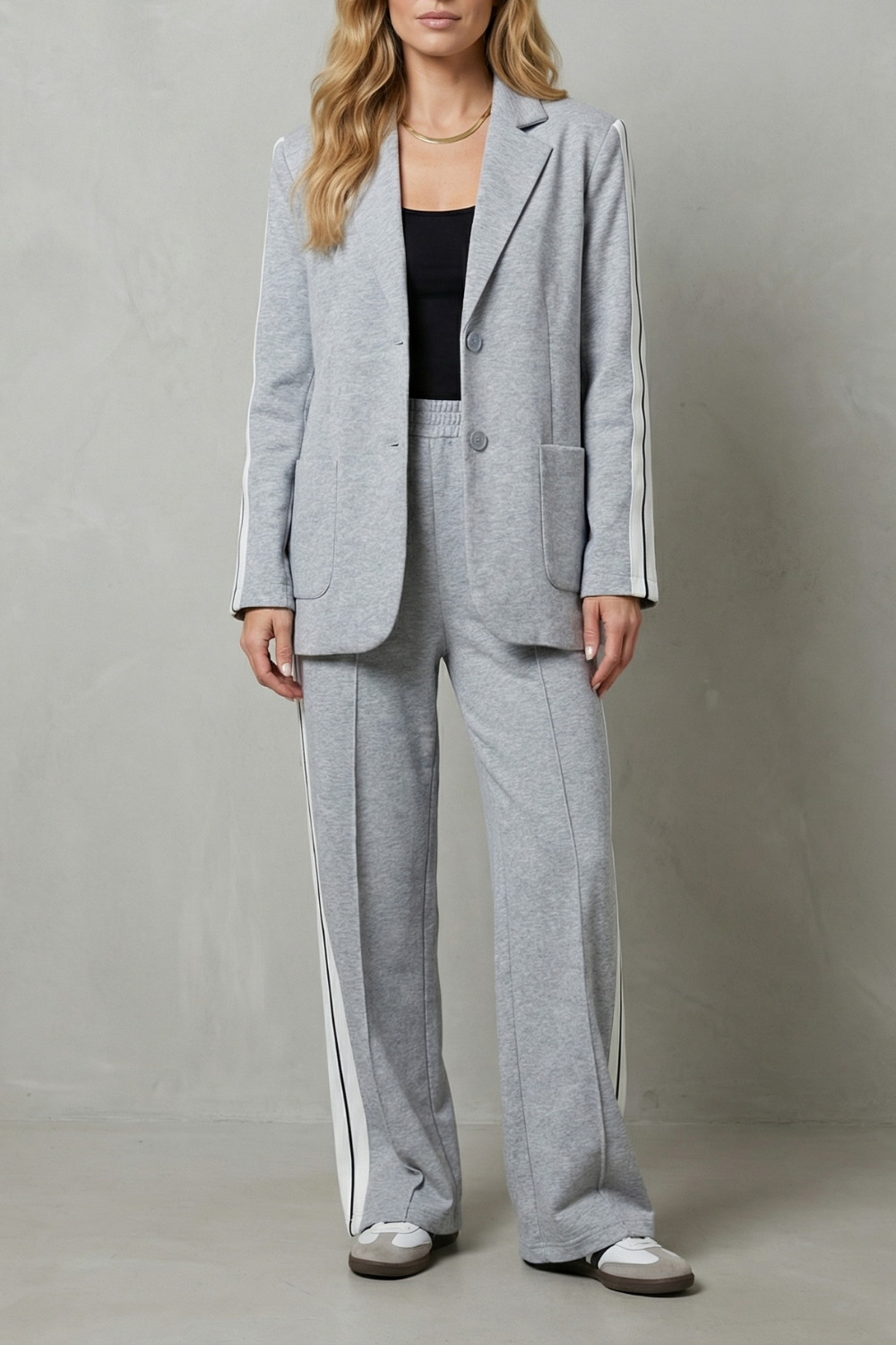 Clavene | Women's Knit Lounge Set with Stripe Detail - Light Grey - Image 1