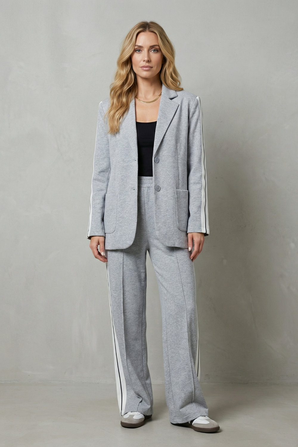 Clavene | Women's Knit Lounge Set with Stripe Detail - Light Grey - Image 2