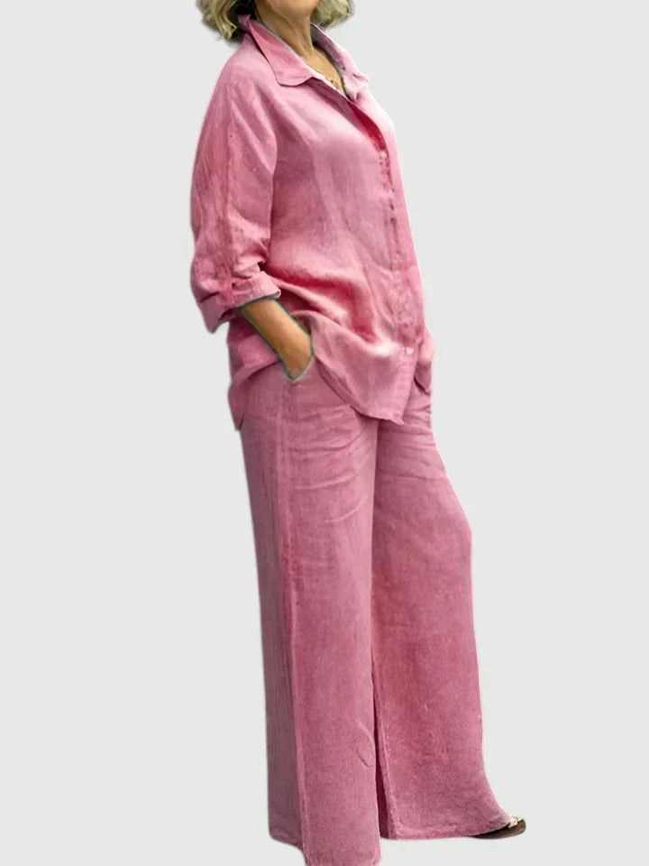 Clementina | Women's Button Down Shirt Wide Leg Pants Set - Image 1