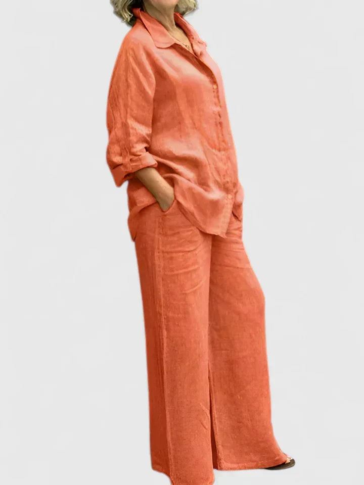 Clementina | Women's Button Down Shirt Wide Leg Pants Set - Image 2