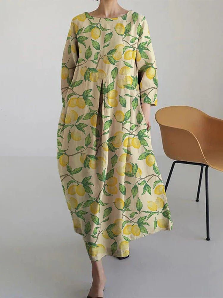 Clementine | Women's Lemon Print Long Sleeve Midi Dress - Yellow - Image 1