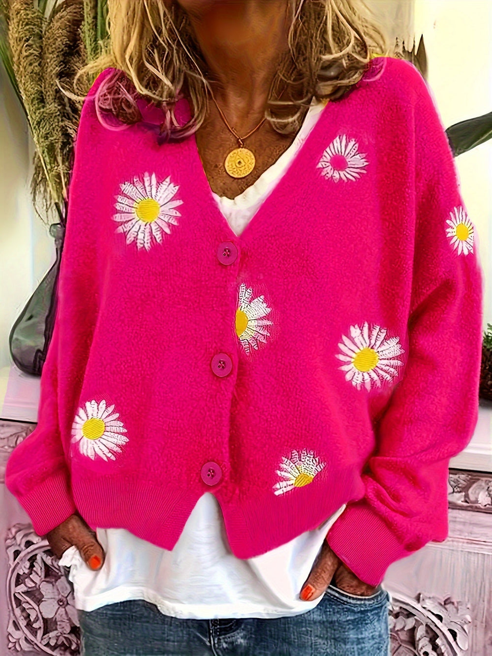 Clemmie | Women's Daisy Embroidered Knit Cardigan - Sage - Image 2