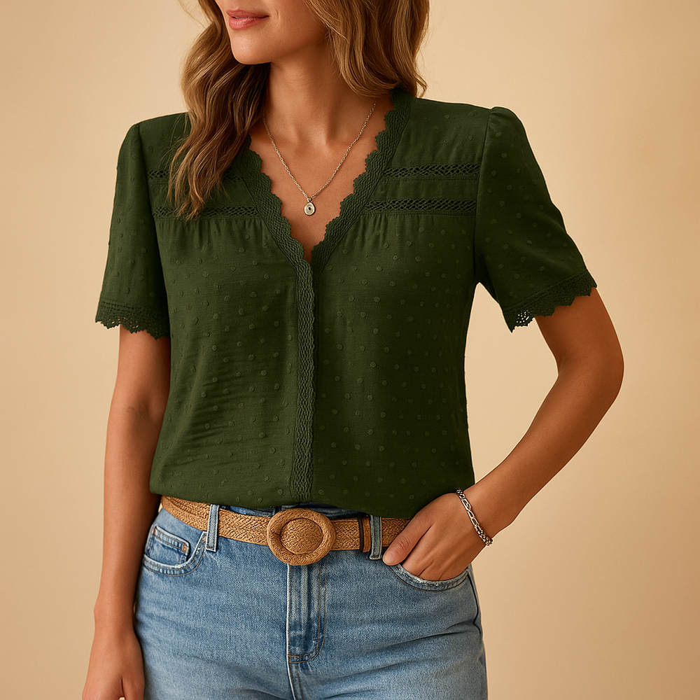 Clovaine | Women's V-Neck Lace Trim Short Sleeve Blouse - Camel - Image 2