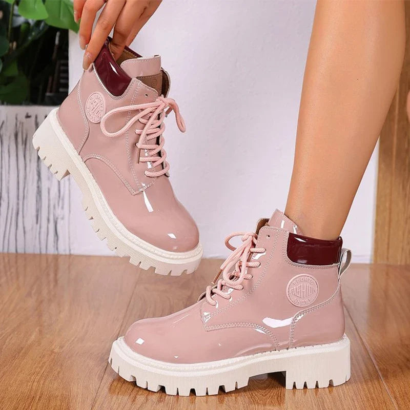 Colvara | Women's Patent Lace-Up Platform Ankle Boot - Pink - Image 2