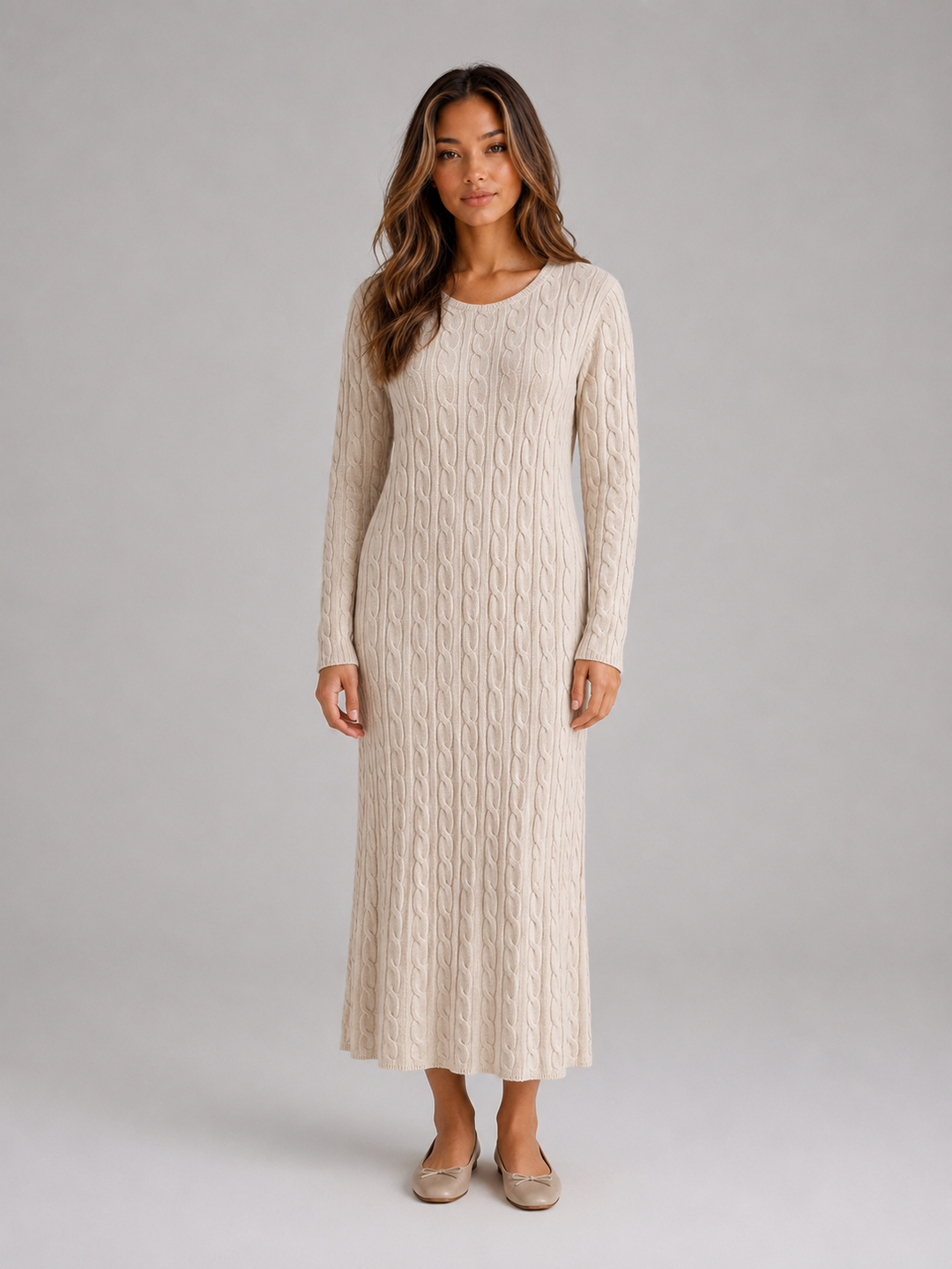 Corabel | Women's Cable Knit Maxi Jumper Dress - Cream - Image 1