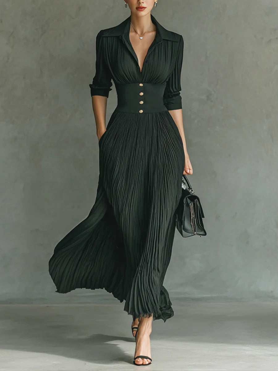 Cordanna | Women's Collared Pleated Long Sleeve Maxi Dress - Dark Green - Image 1