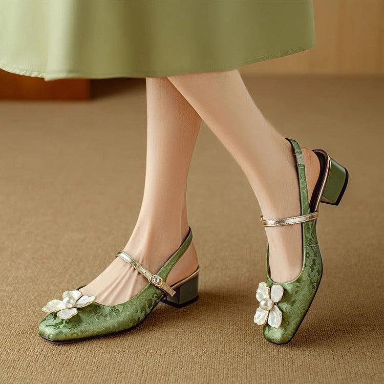 Cordette | Women's Floral Slingback Square Toe Block Heels - Image 1