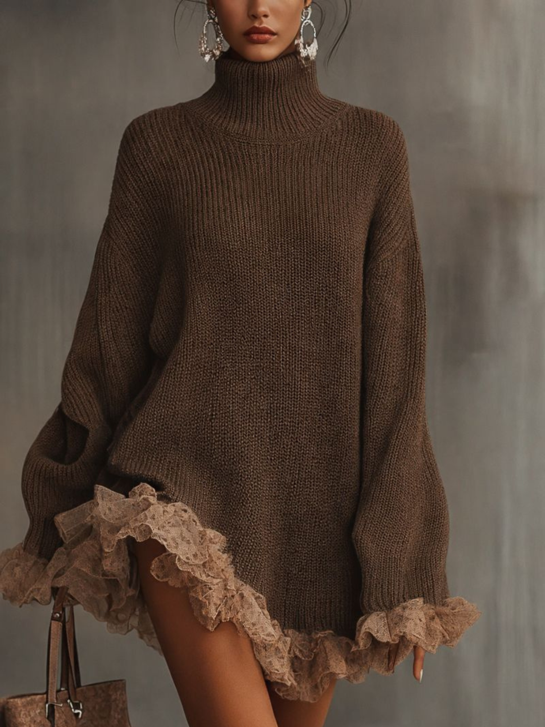 Cordiane | Women's Turtleneck Long Sleeve Mini Dress - Brown - Image 1