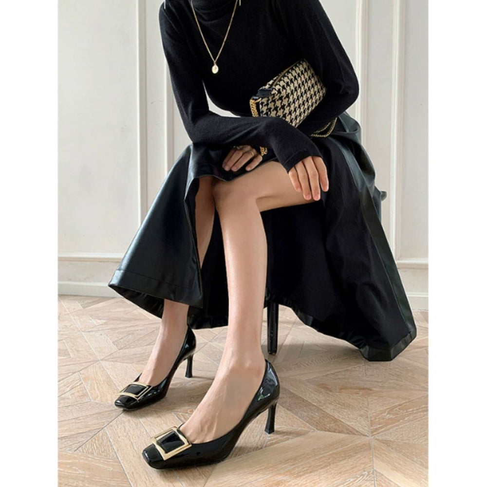 Cordinia | Women's Square Toe Buckle Heel - Black - Image 2
