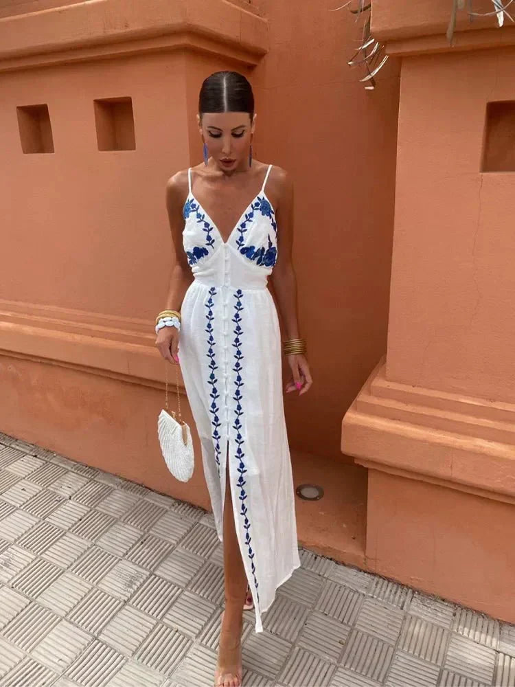 Cordulla | Women's Embroidered V-Neck Maxi Dress - White - Image 1