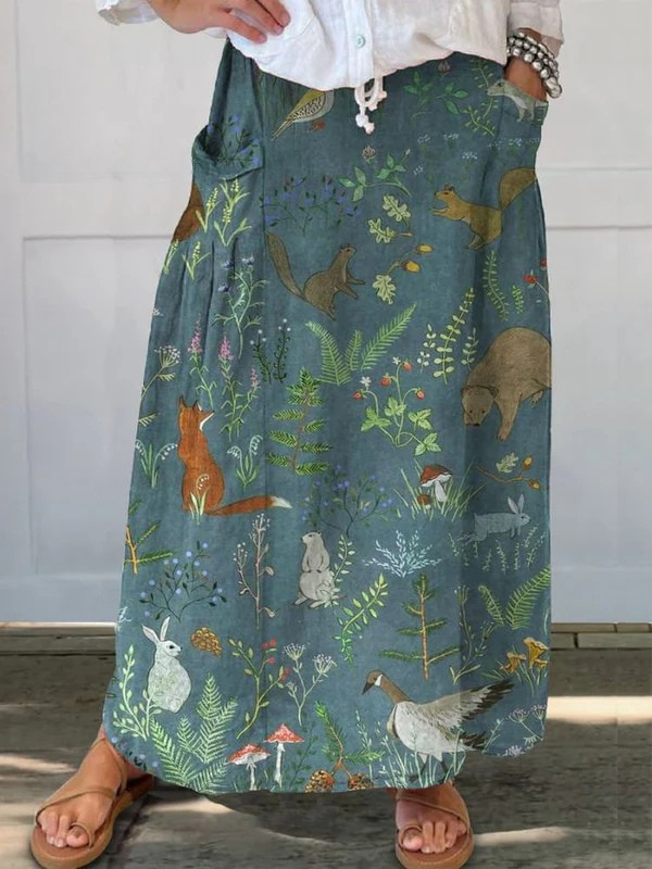 Cordwain | Women's Animal Print Elastic Waist Maxi Skirt - Teal - Image 1